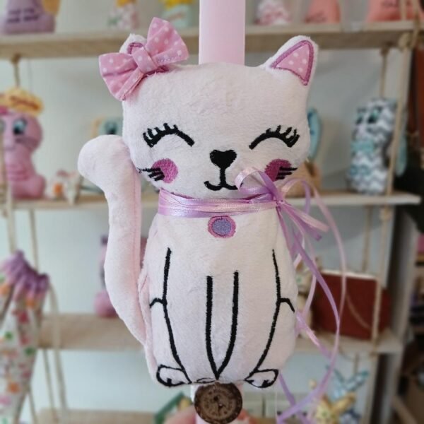 Χειροποίητη Πασχαλινή Λαμπάδα με Υφασμάτινη Γατούλα