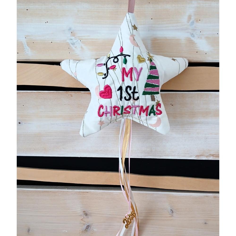 Υφασμάτινο Αστεράκι «My 1st Christmas» – Ροζ & Χρυσό